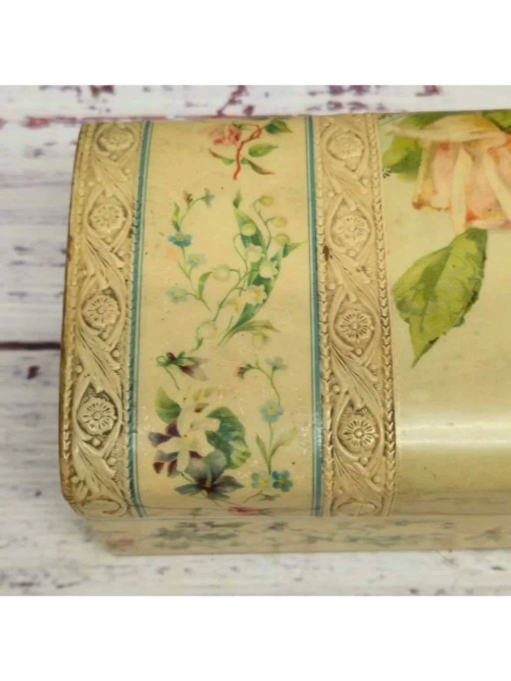 Antique Victorian Celluloid Glove Box Floral & Winter Lithograph Ornate Lock